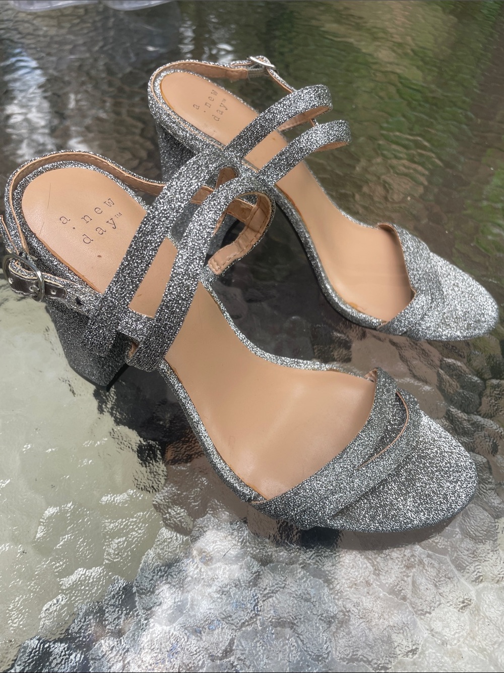 a new day Silver Glitter Strappy Block Heel Sandals